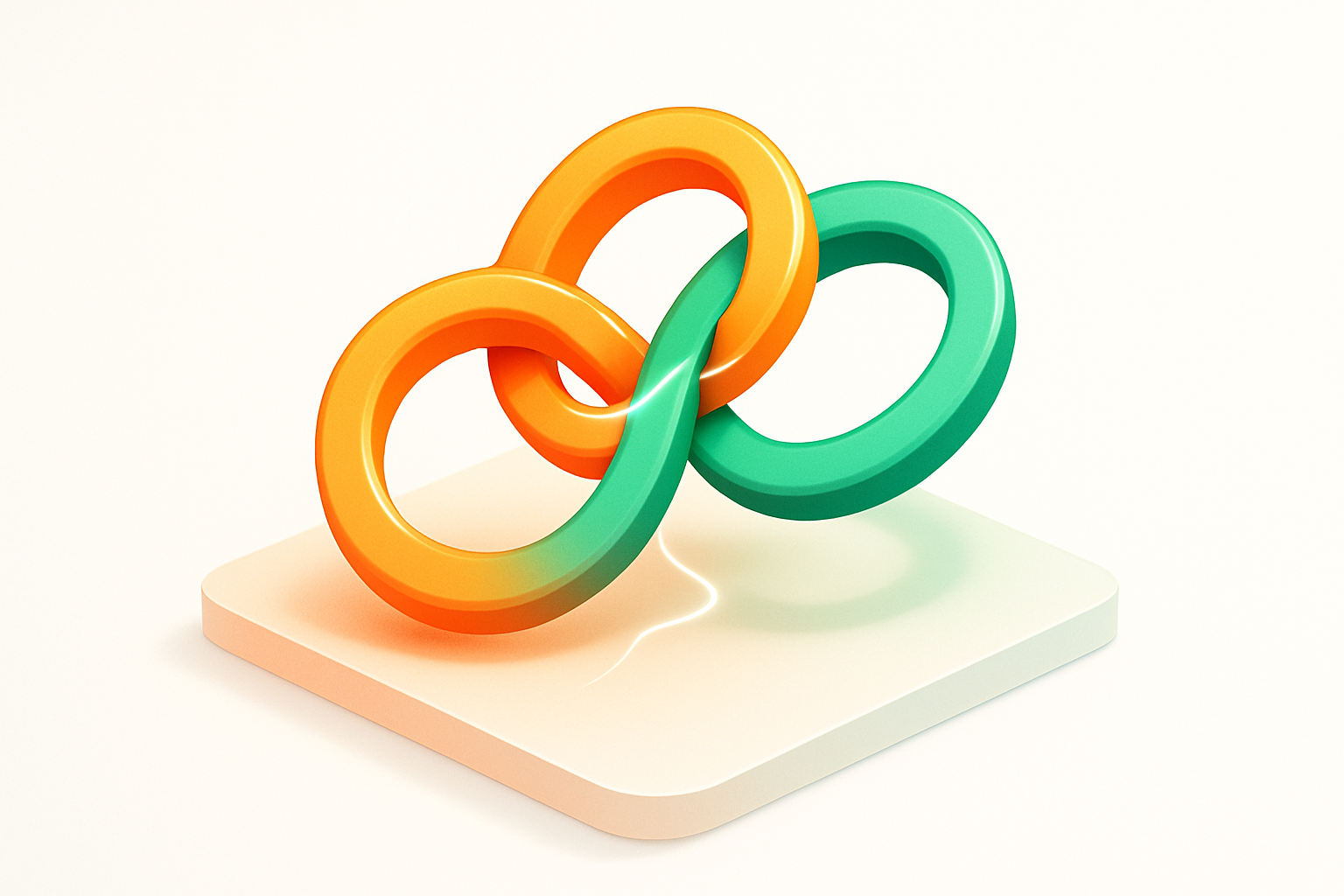 Three glowing interlocking loops in orange and green with subtle paths on a gradient platform.