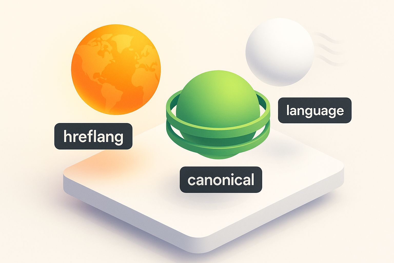 Three interconnected floating orbs representing hreflang, canonical, and language meta tags with vibrant colors.