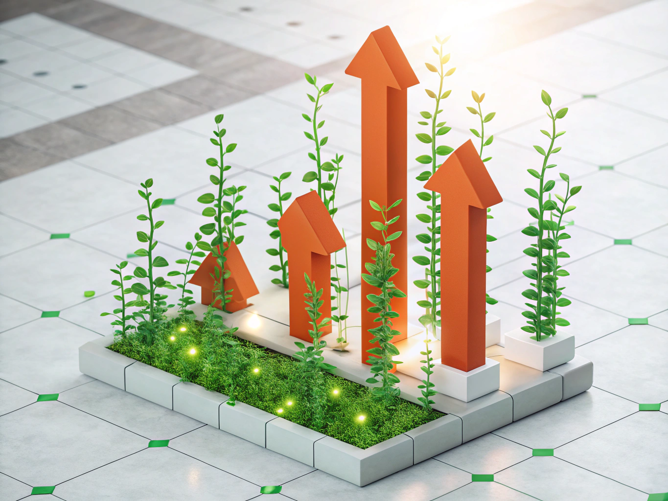 Vibrant abstract garden with glowing green vines and orange data nodes on gradient platform