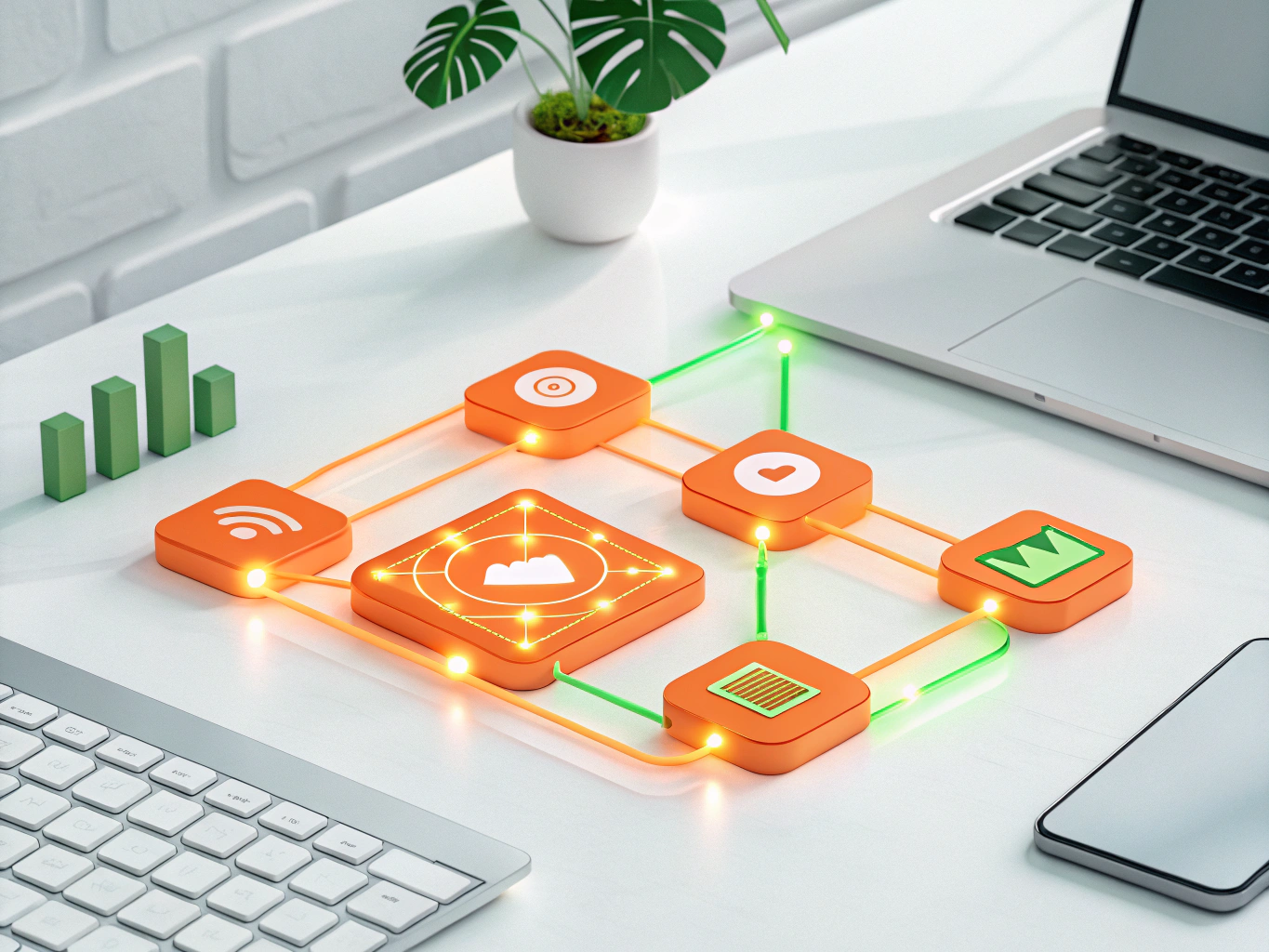 Vibrant abstract workspace with interconnected glowing nodes, layered platforms, and a digital growth theme