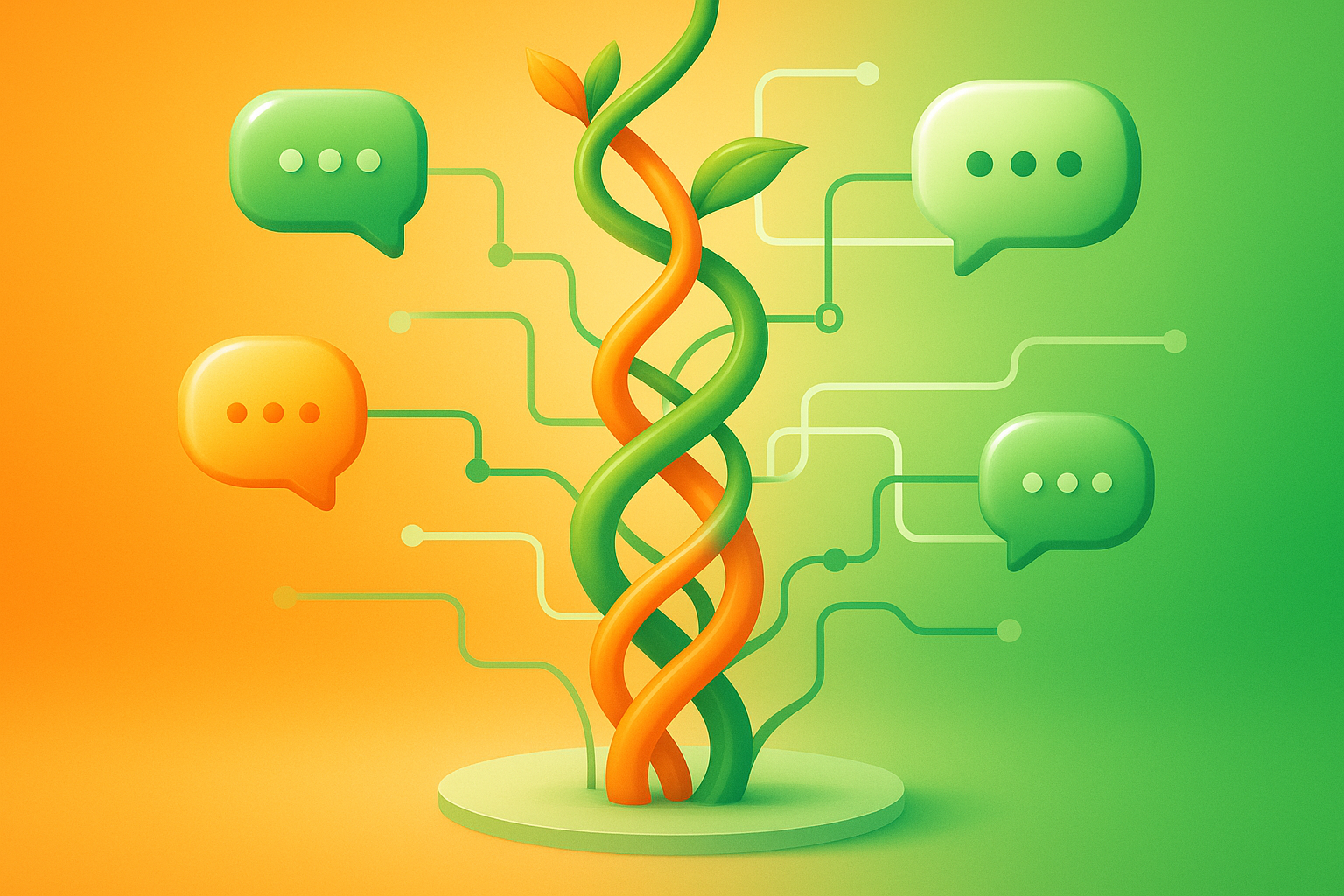 Vibrant isometric illustration of orange and green vines spiraling around glowing speech bubbles and digital pathways.