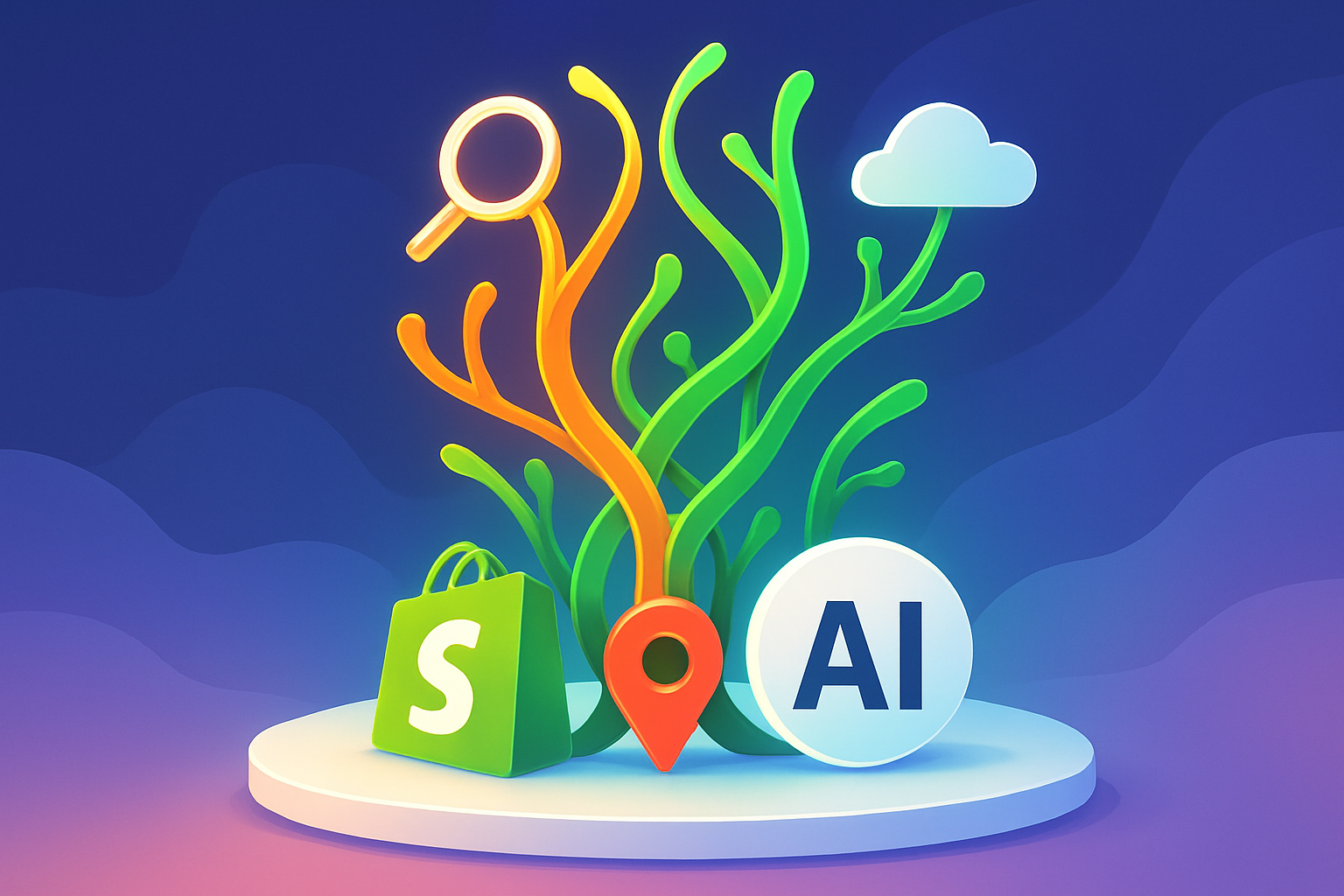 Vibrant isometric landscape with glowing pathways symbolizing local SEO growth and AI connectivity.