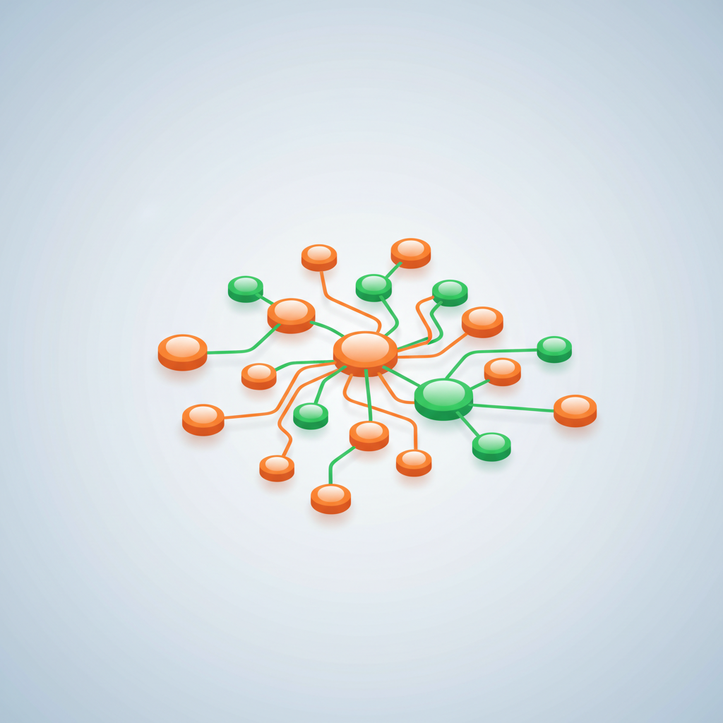 Abstract network of glowing orange and green interconnected nodes on a gradient platform background.